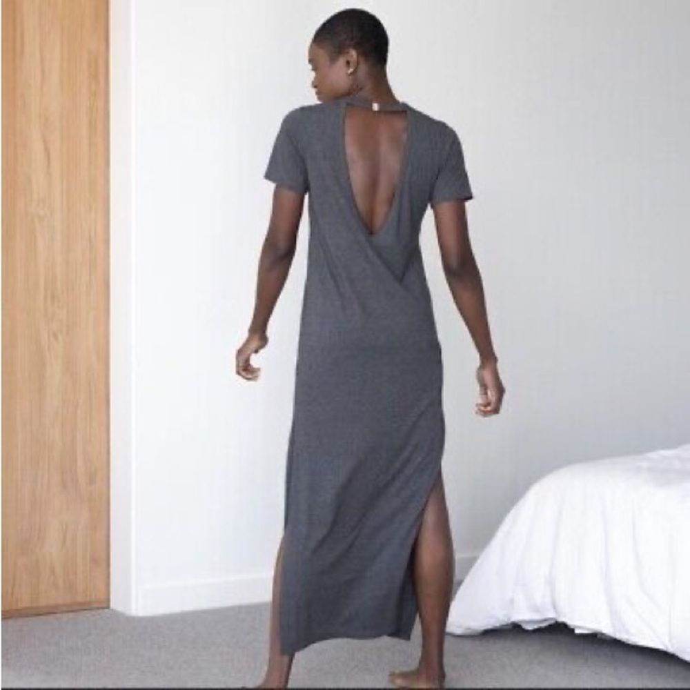 Lunya Restore Long Maxi Dress In Meditative Gray Open Back Side Slit XS